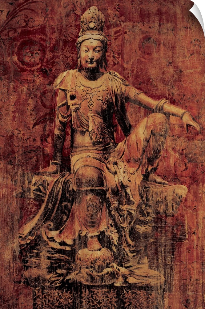 Contemporary painting of an ancient looking statue of Buddha.