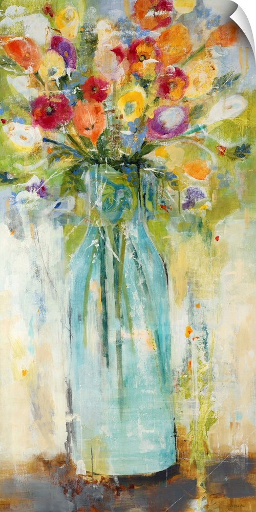 Large panel painting of colorful wildflowers in a glass vase.
