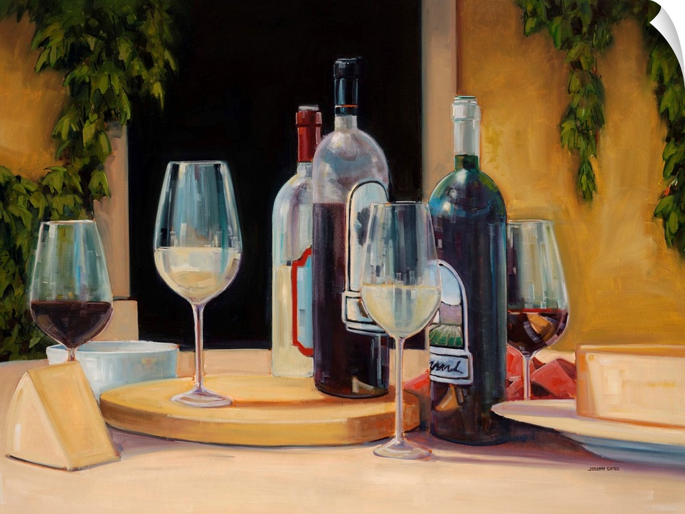 Contemporary still life painting of bottles and glasses of wine with cheese wedges on a table in a village setting.
