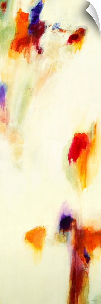 Contemporary abstract painting using splashes of red and orange  against a beige background.