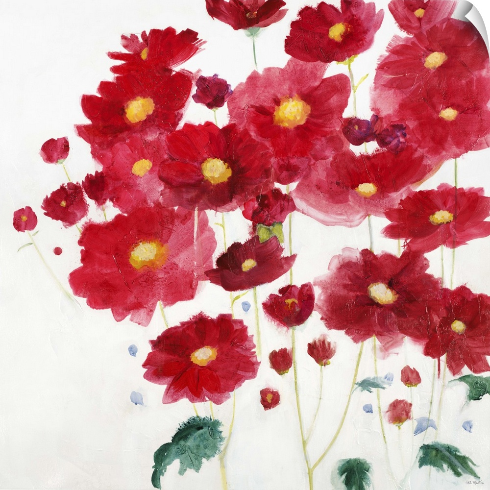 A contemporary painting of vibrant red flowers against a white background.