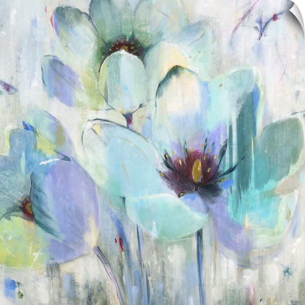 A contemporary painting of aqua blue and teal flowers against an abstract colorful background.