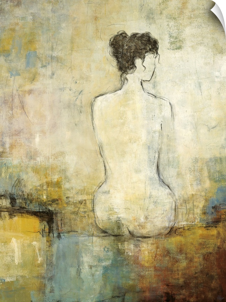 Contemporary painting of woman's silhouette from behind that is sitting on a surface.