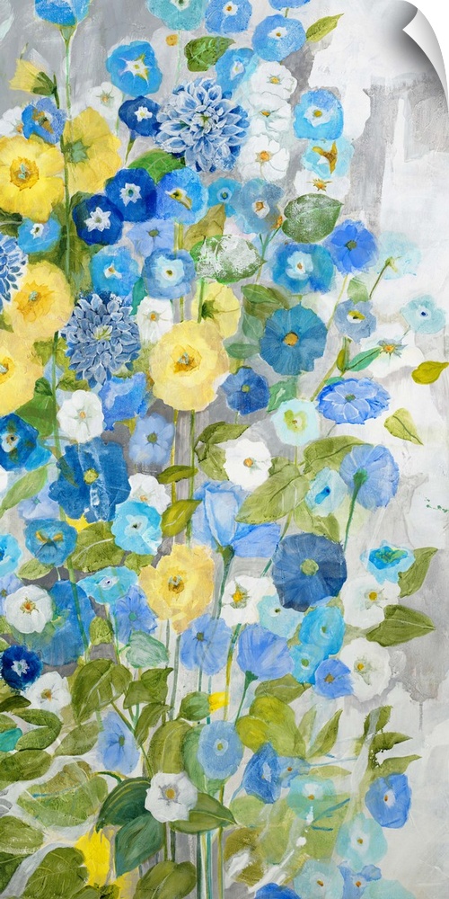 A contemporary of blue and yellow flowers.