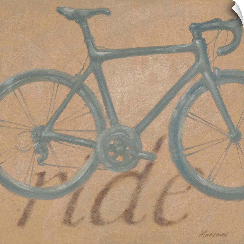 Up-close painting of bicycle with the text "ride" in the background.