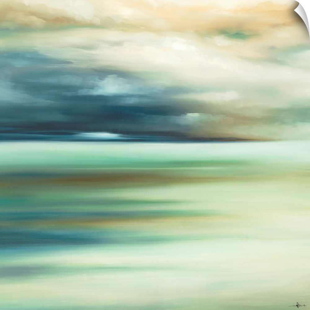 Giant landscape canvas art portrays a sky filled with clouds as they hover over an open body of water.