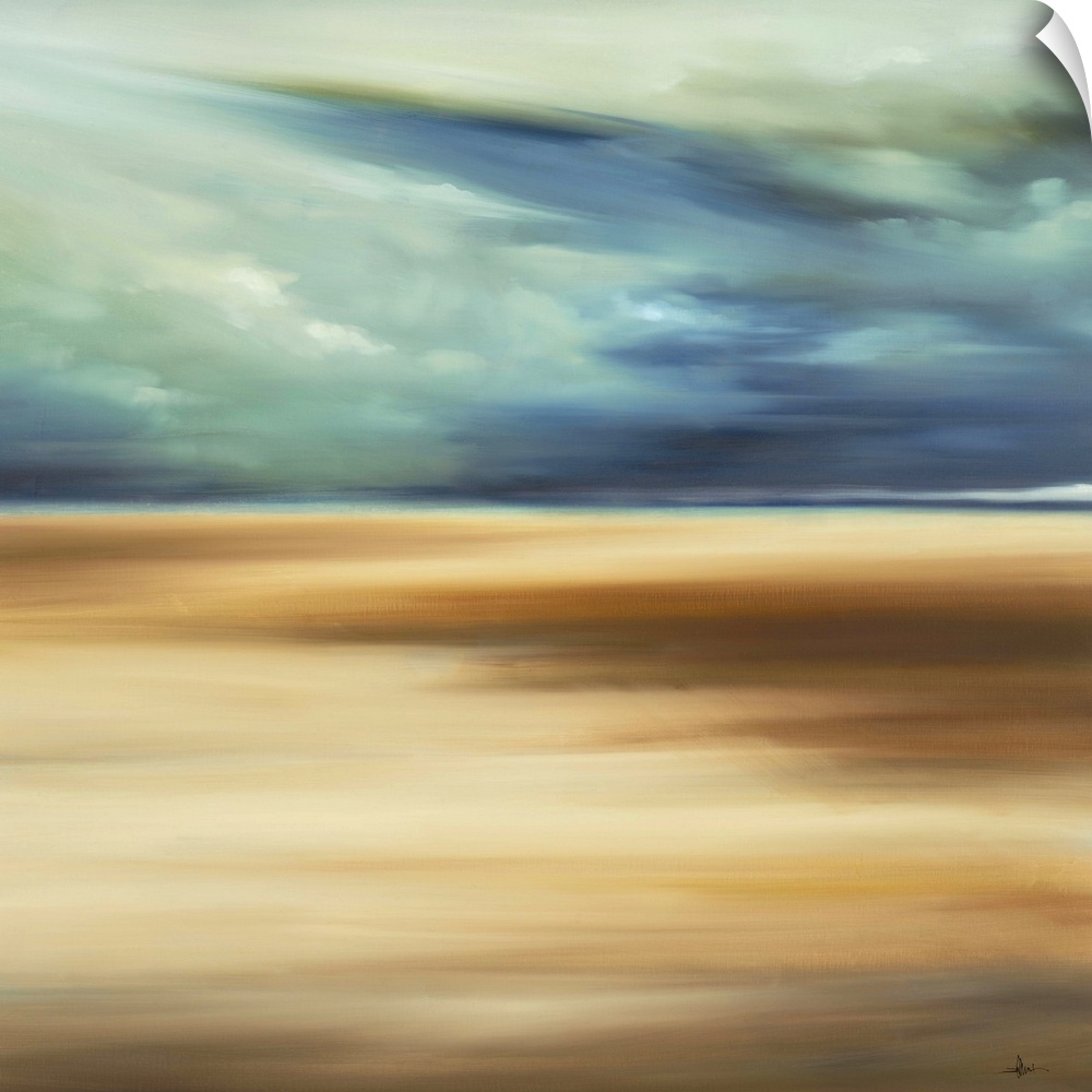 Contemporary abstract painting depicting a sandy beach with the ocean in the distance under a cloudy sky.