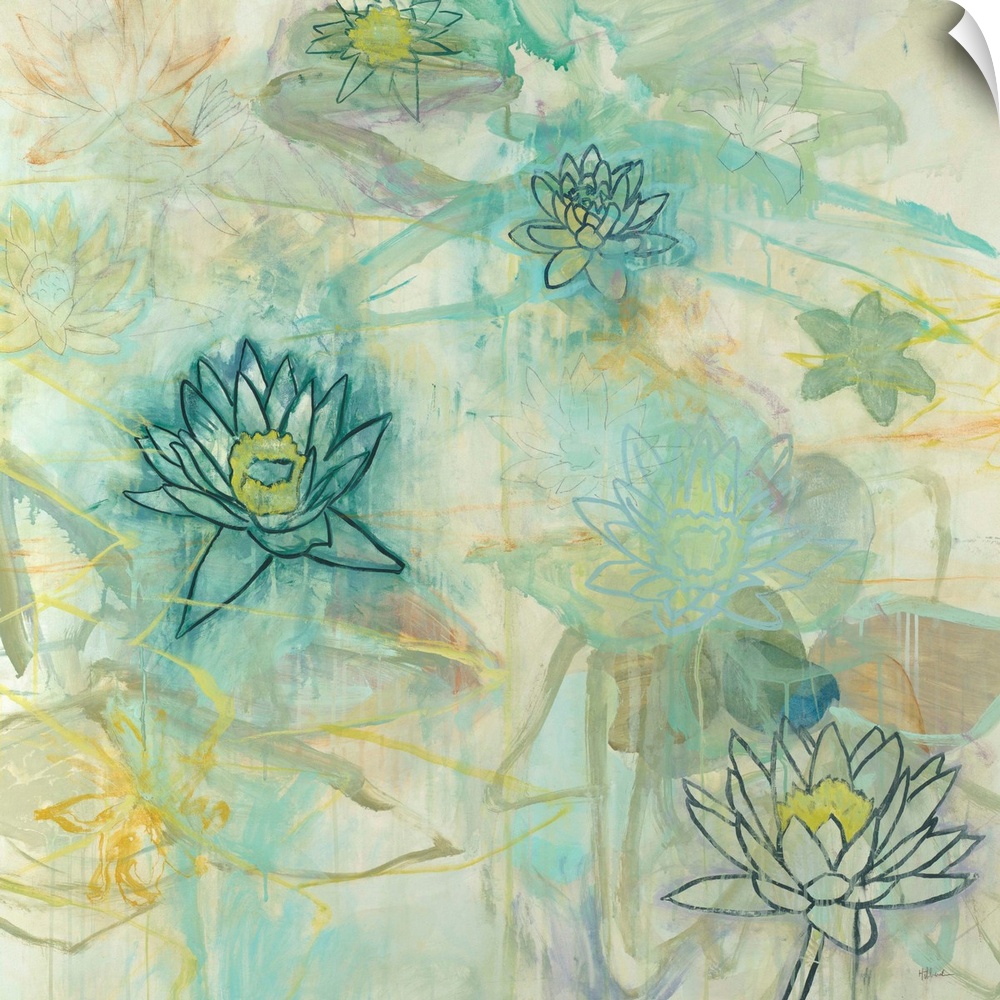 Square painting with light abstract brushstrokes in the background and lotus flowers in the foreground in shades of blue, ...