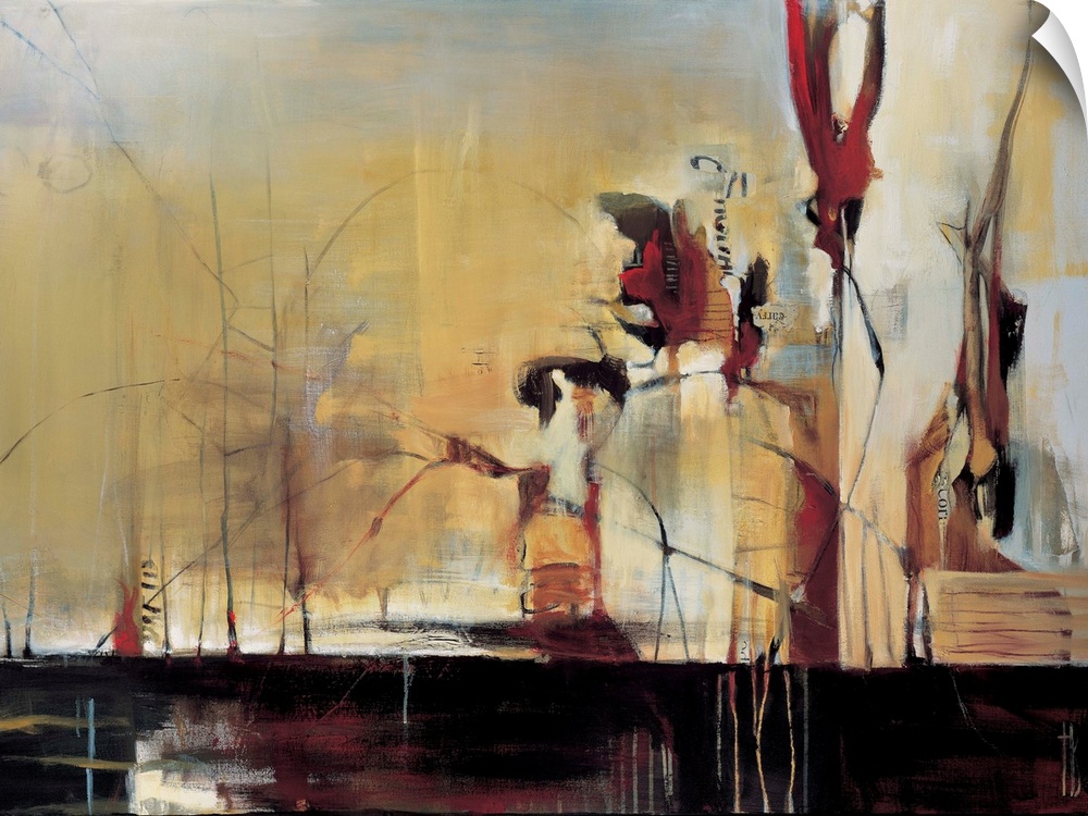Contemporary abstract painting using harsh lines and wild strokes of warm tones.