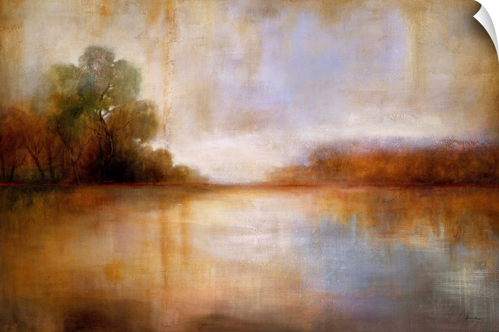 Contemporary painting of a serene country landscape in warm tones.