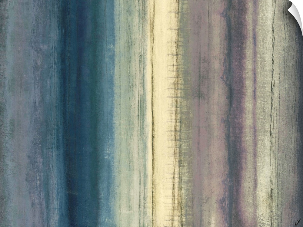 Contemporary abstract painting of muted colors layered in a gradient that goes from left to right with a grungy texture to...