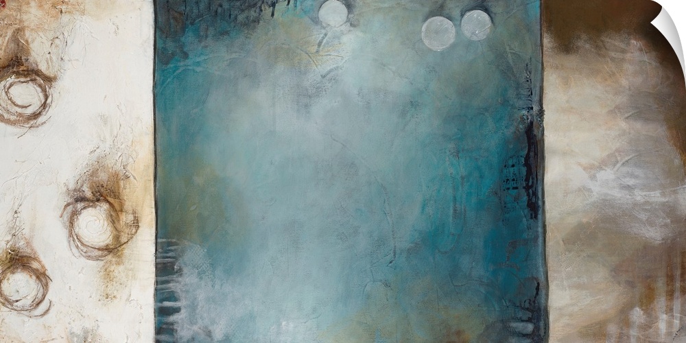 Big abstract painting that includes a number of circles and squares that have mellow tones.