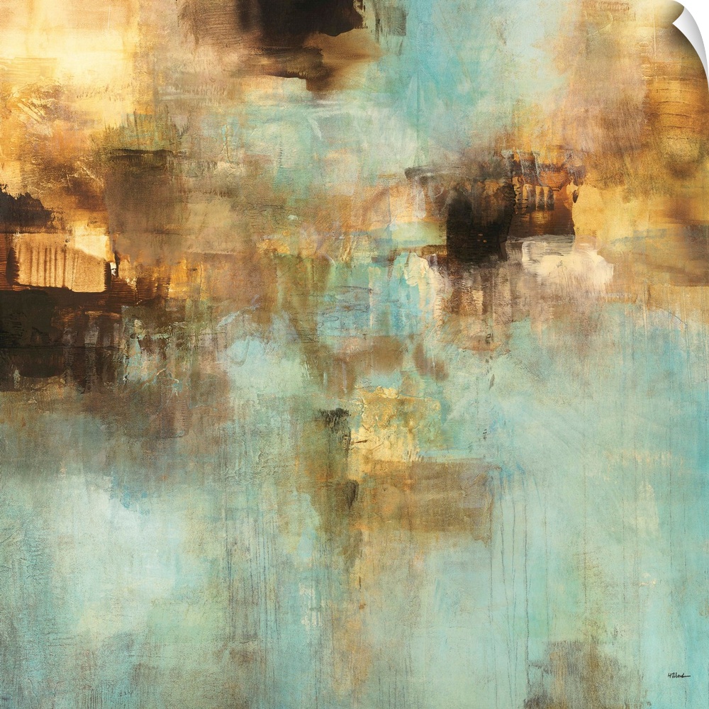 Teal and gold contemporary abstract painting.