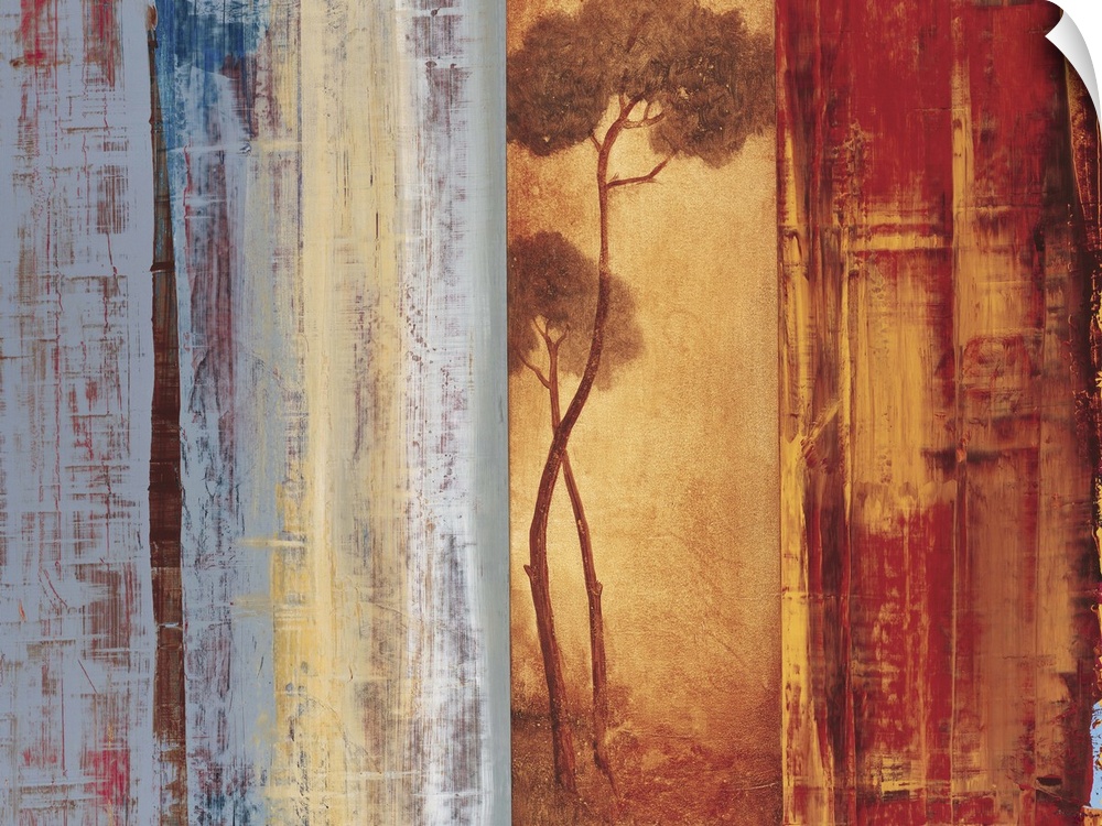 Contemporary abstract painting using vertical lines like shutters concealing parts of a thin tree.