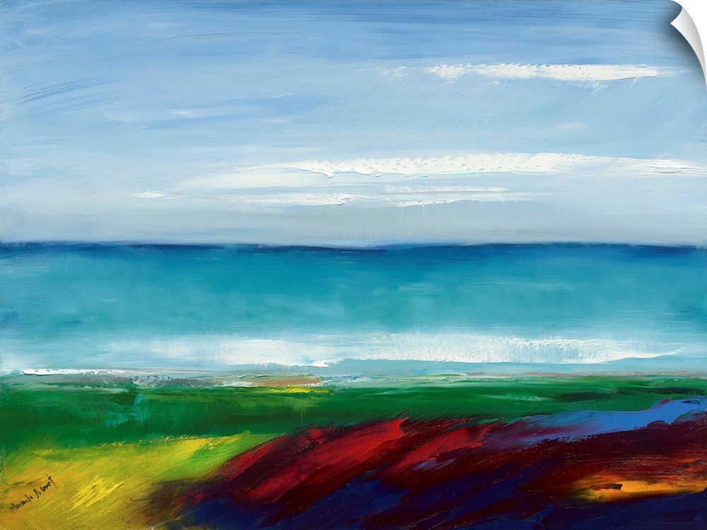 Contemporary abstract painting representing a coastal landscape with bold colors.