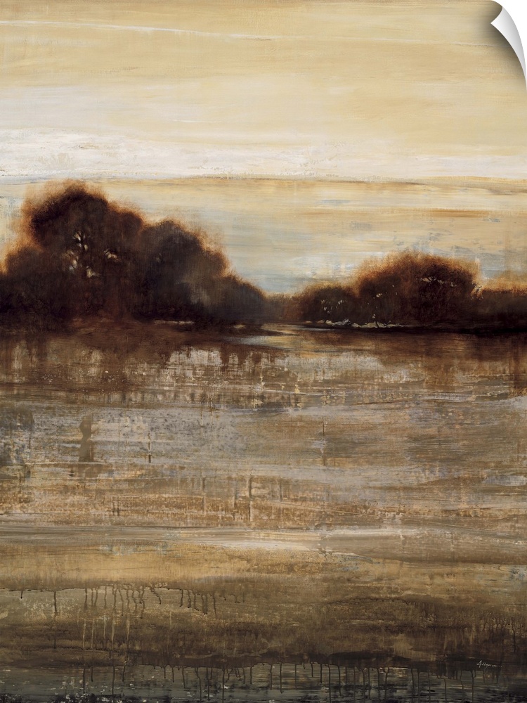 Contemporary abstract painting using warm tones mixed with harsh and heavy earth tones.