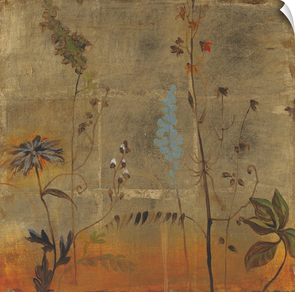 A muted square painting of wild flowers in a meadow with a brown background with a square texture.