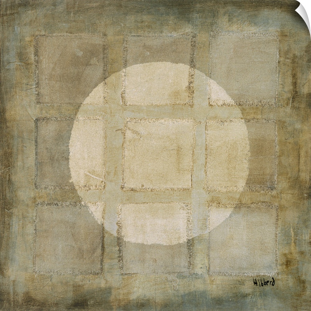A modern painting of nine squares with a light colored circle overlapping, all in varies shades of beige.