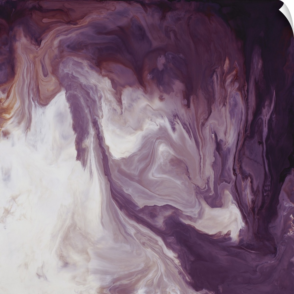 Square abstract art with deep purple hues running together with white hues creating a marbled effect.