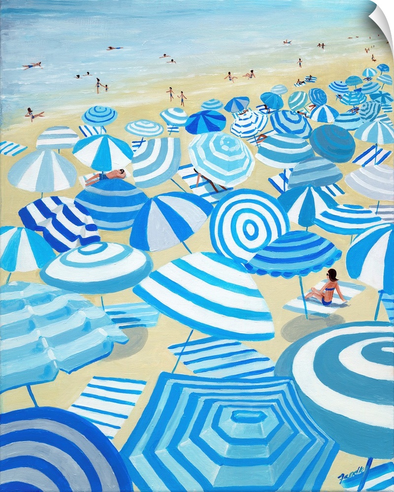 A fun and lighthearted painting of blue and white striped umbrellas on a crowded beach. Whimsical and contemporary, this w...