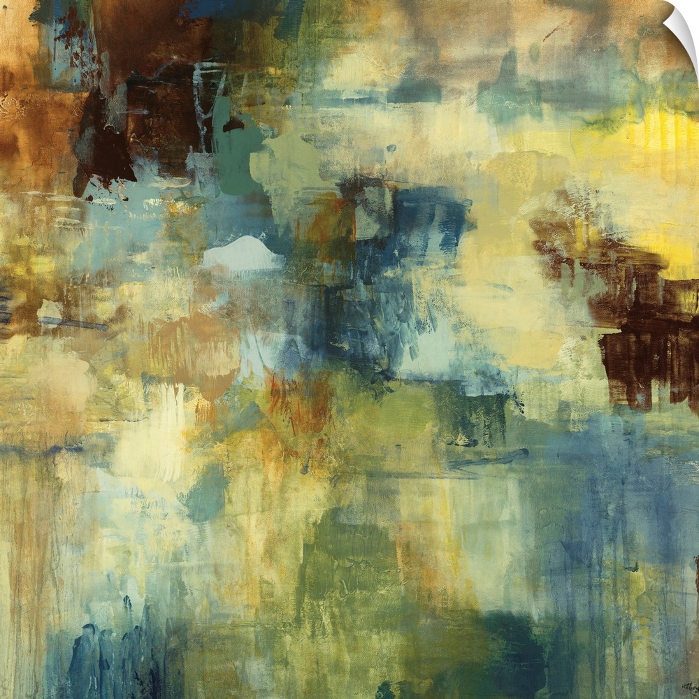 Contemporary abstract painting of overlapping earth tones.  There are areas of dripping paint and areas of muddled color w...