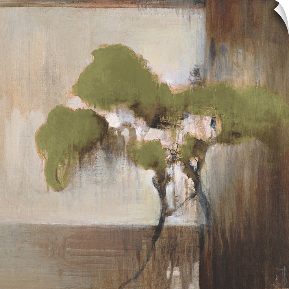 Contemporary artwork of a single tree painted against blocks of neutral colors.