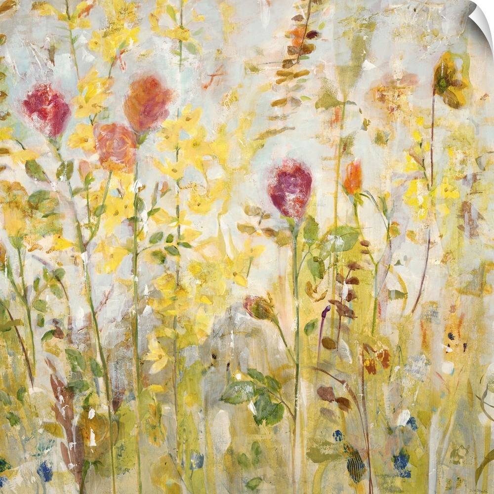 A contemporary painting of a garden of pale red and yellow flowers.