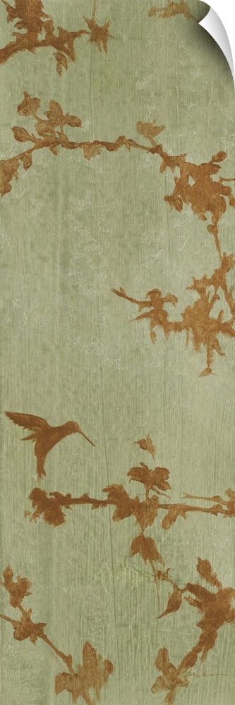 A long vertical painting of bronze colored leaves on a muted green background.