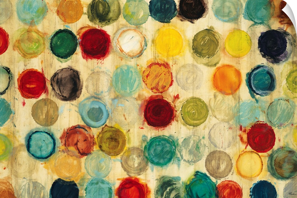 Abstract artwork of a collection of multicolored circles, all of the same size, arranged in semi-neat rows.