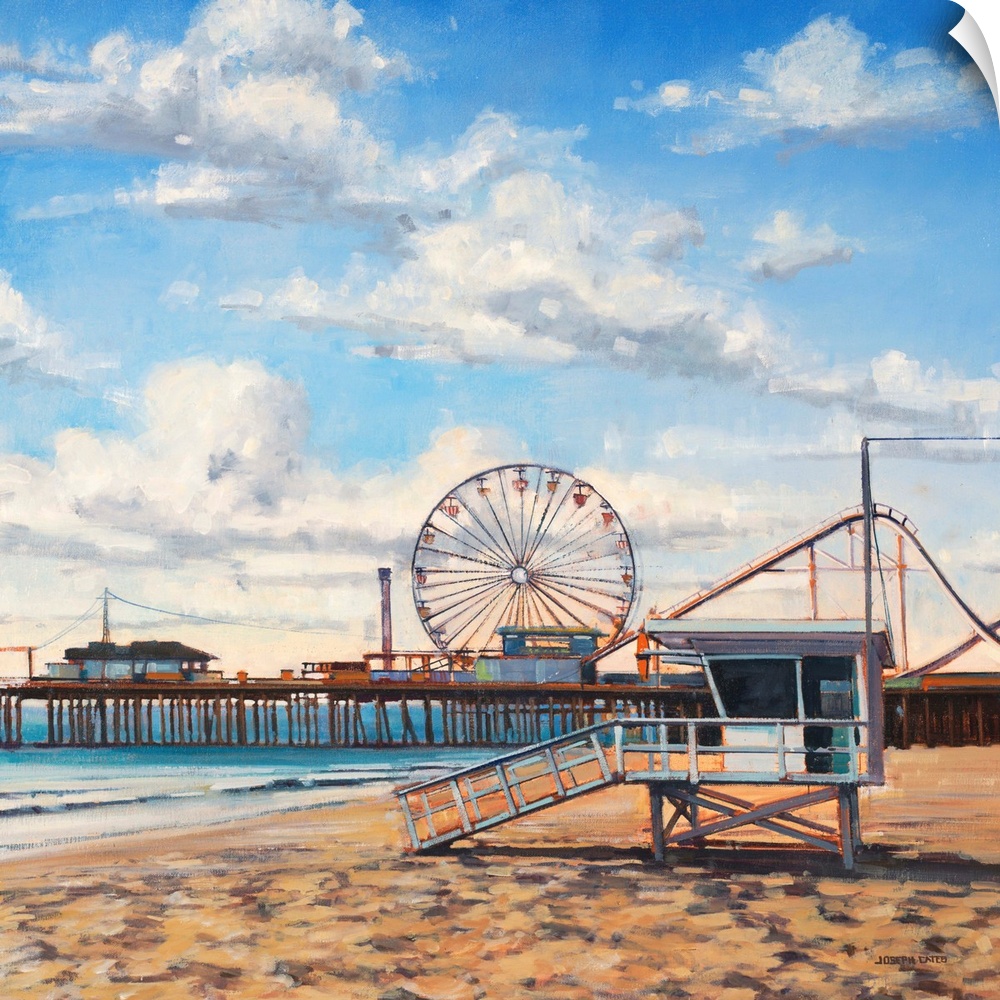 Contemporary painting of a beach with an amusement park on the boardwalk out to the ocean.