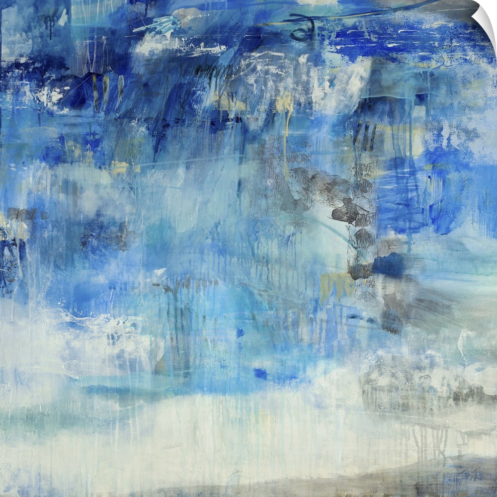 Contemporary abstract painting using predominantly blue against neutral tones.