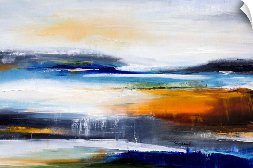 Contemporary painting of an abstract interpretation of a sunset at a lake.