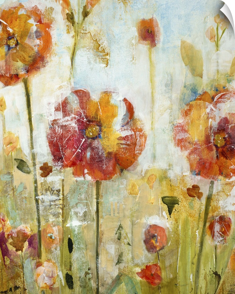 Contemporary painting of pale red and orange wildflowers.