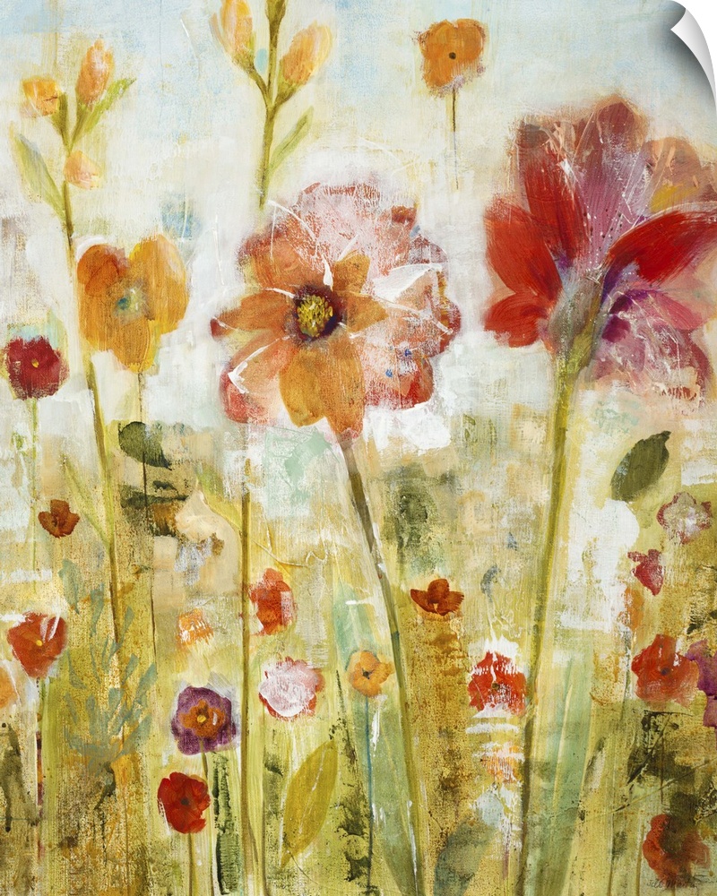 Contemporary painting of pale red and orange wildflowers.