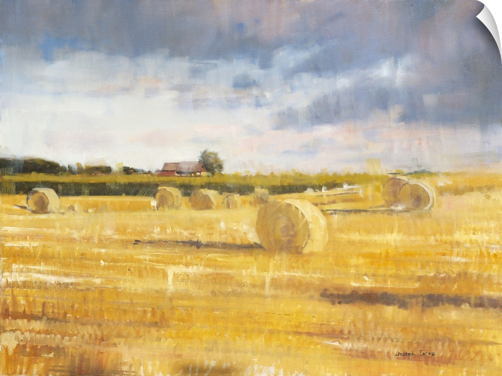 Contemporary painting of a countryside field with golden haystacks and a small farmhouse in the background.