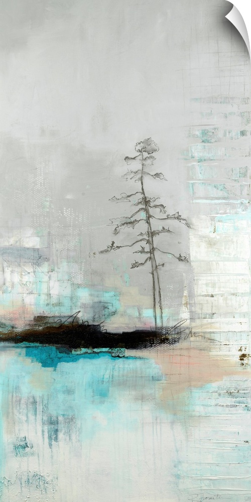 A light toned, contemporary painting featuring a lone tree on an island, in a very abstracted form