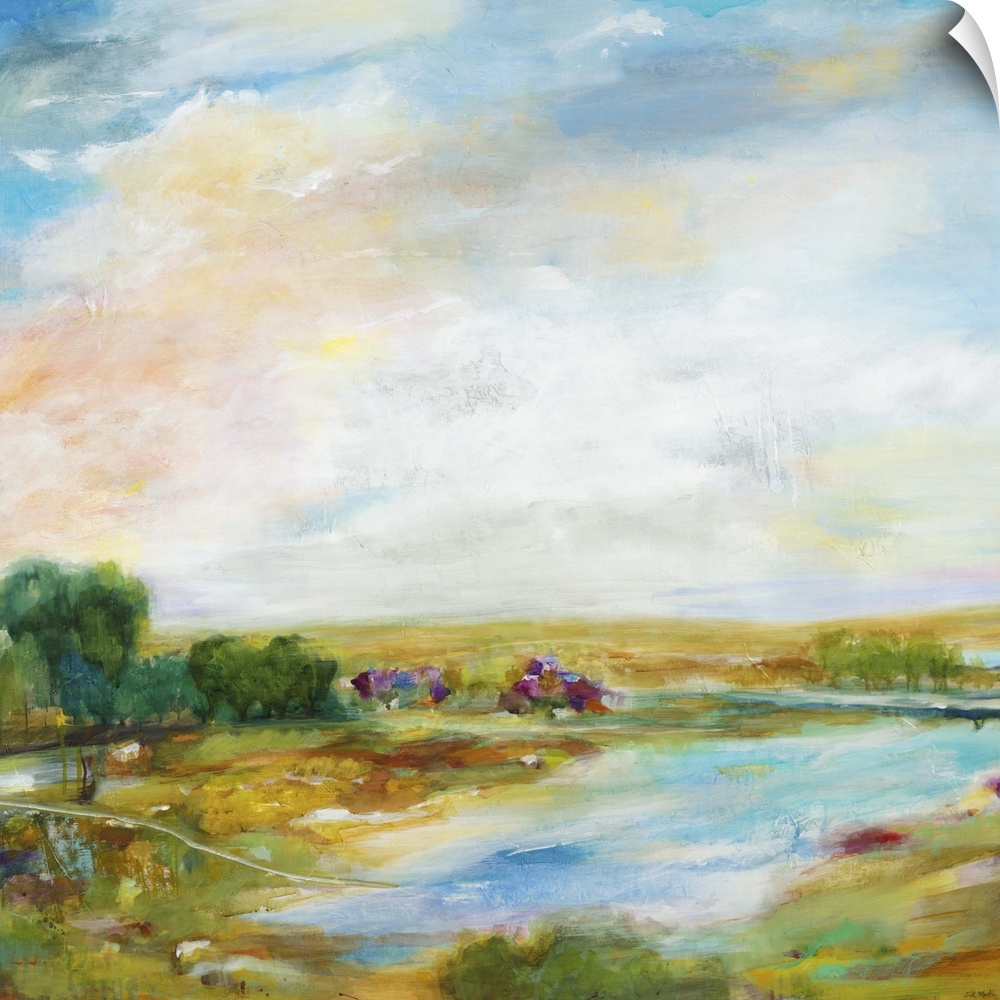 Contemporary landscape painting looking out over a countryside pond.
