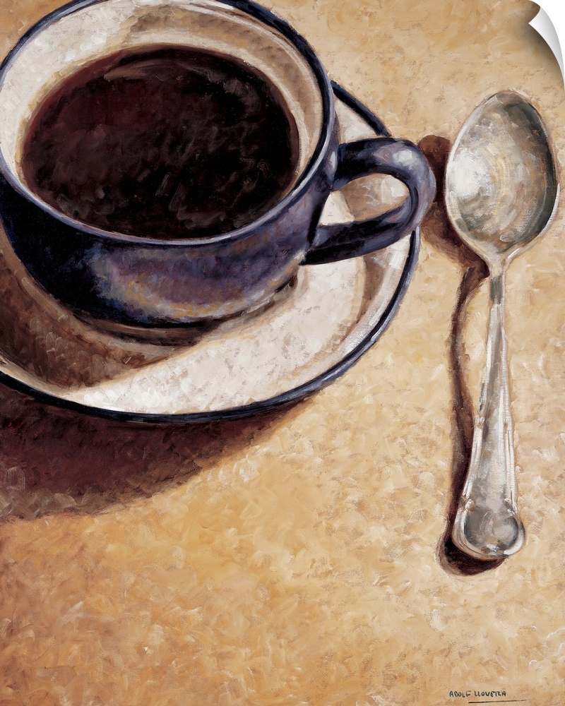 Contemporary painting of a cup of coffee with a spoon.