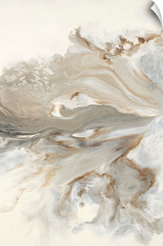 Abstract painting with brown, gold, and gray hues marbling together on a white background.