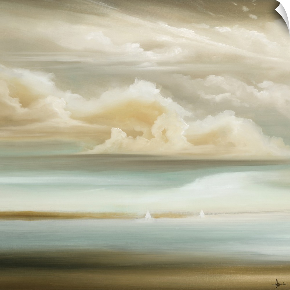A square painting of a seascape with a cloud filled sky and small white sailboats in the distance, in soft neutral tones.