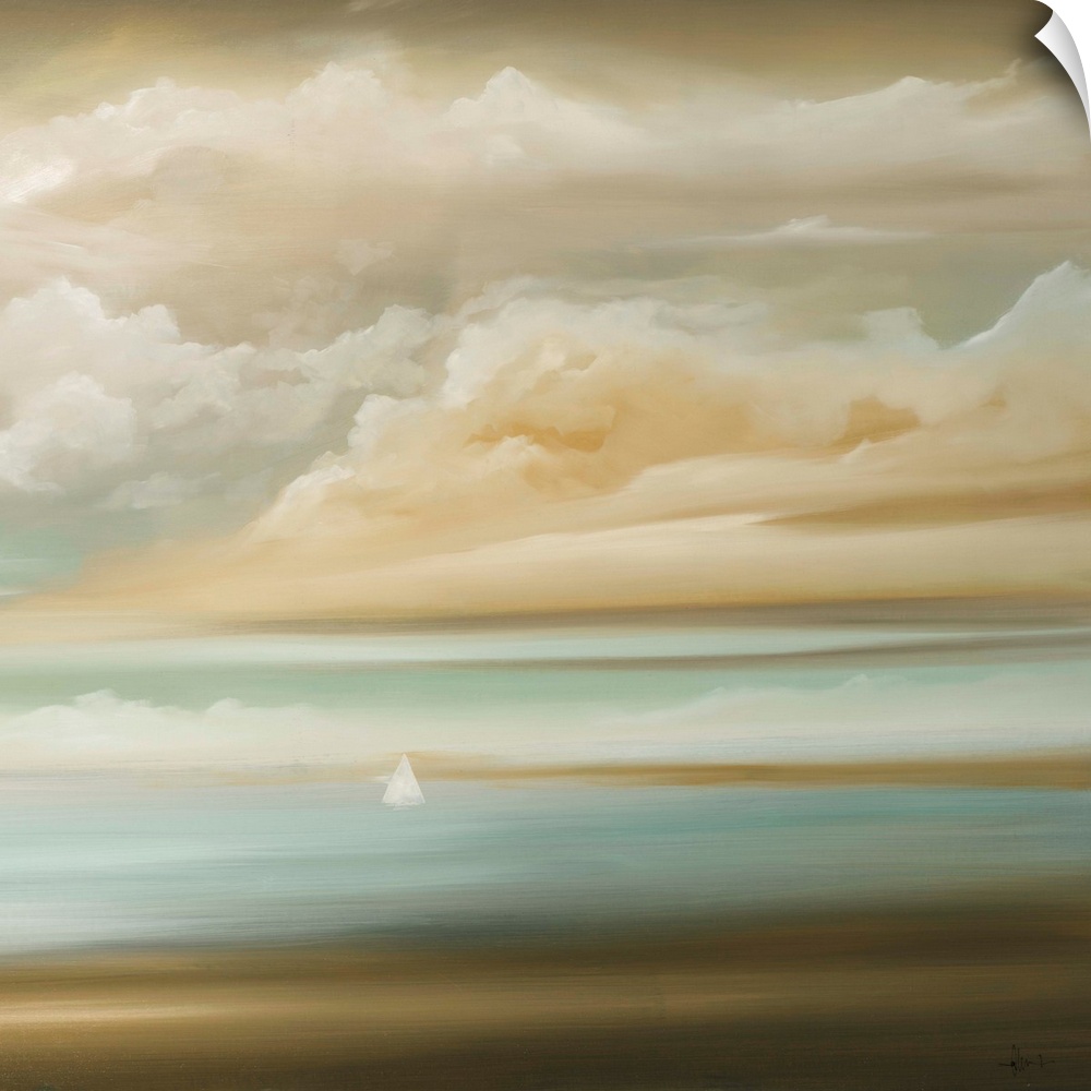 A square painting of a seascape, with a cloud filled sky and small white sailboats in the distance, in soft neutral tones.