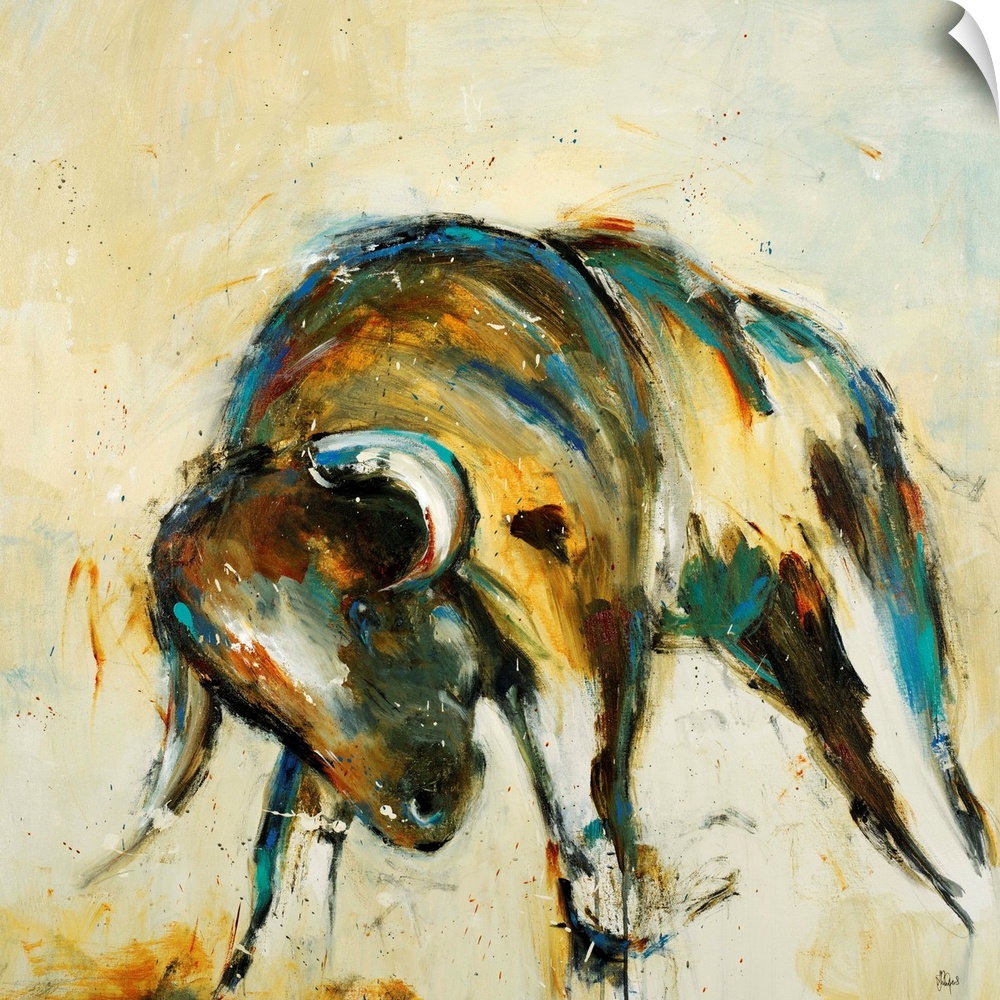 A contemporary painting of a bull lowering its head.