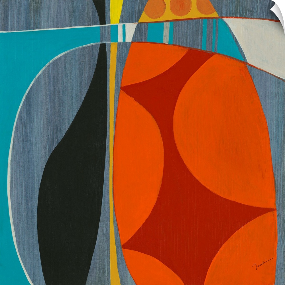 A square abstract painting of curved lines and patterned shapes in bold primary colors.