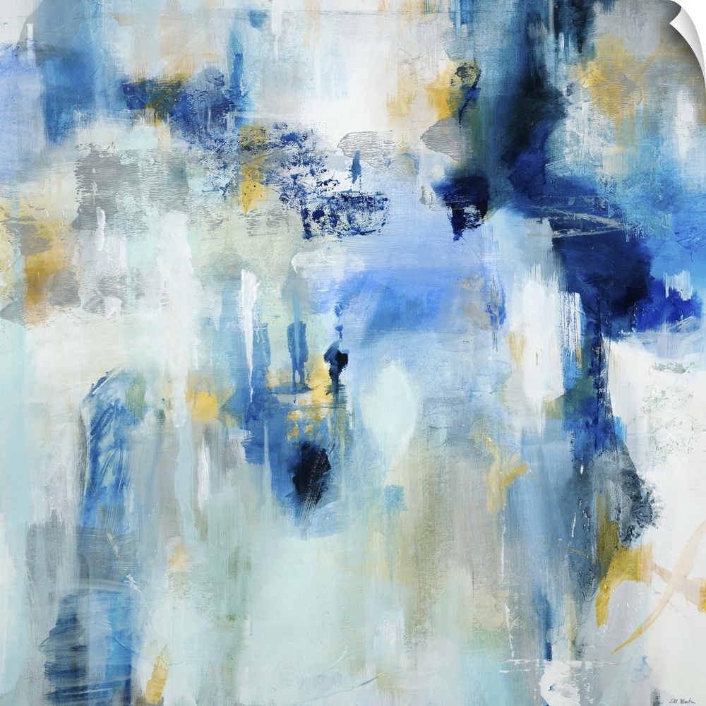 Contemporary abstract painting using dark and light blue tones.