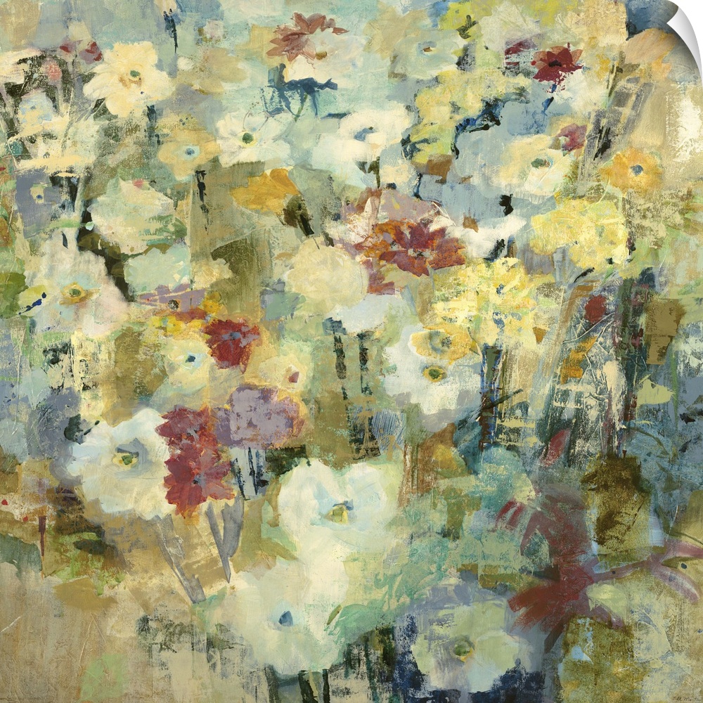 Contemporary painting of pale yellow flowers with muted red ones mixed in.