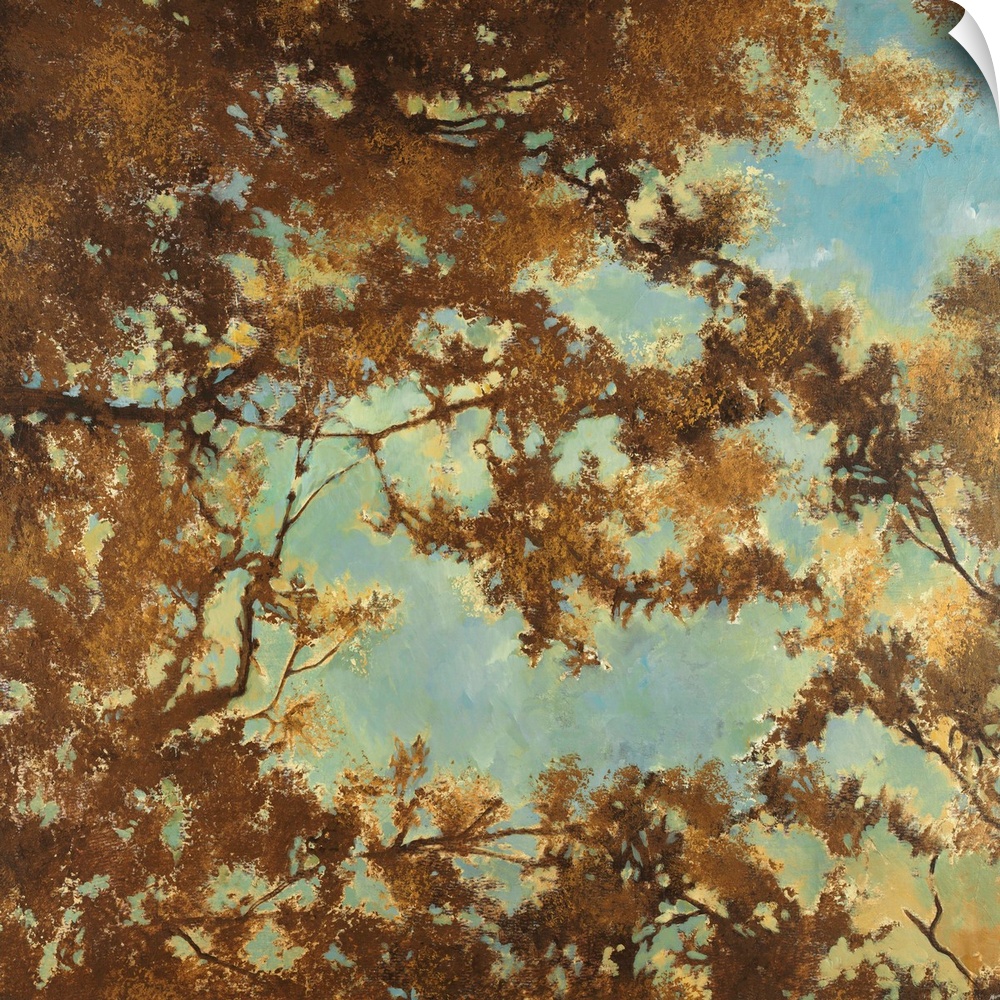 Contemporary artwork that is a view looking up at tree branches covered with brown toned leaves and the sky behind them.