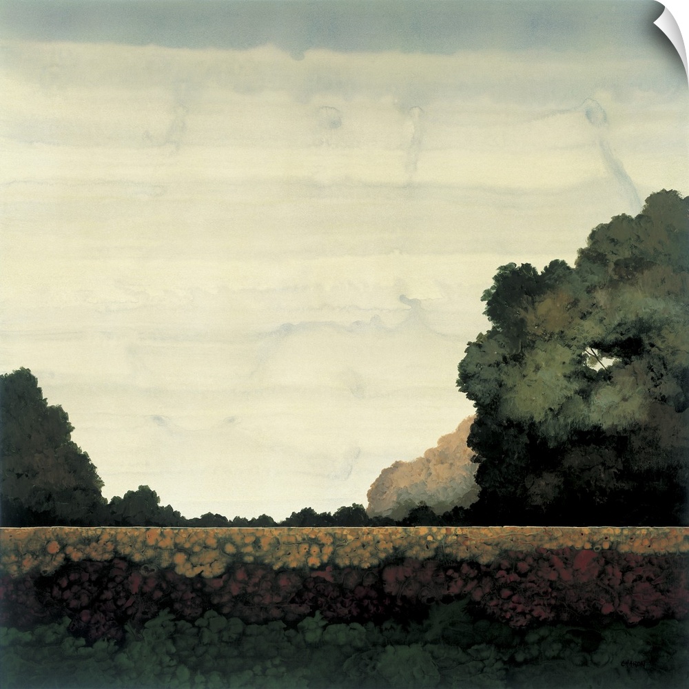 Contemporary painting of a flat landscape with trees in the distance.