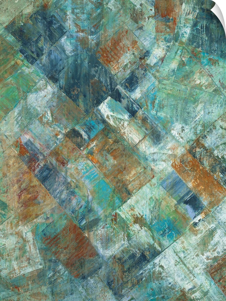 Vertical abstract painting of various patches of grungy colors.