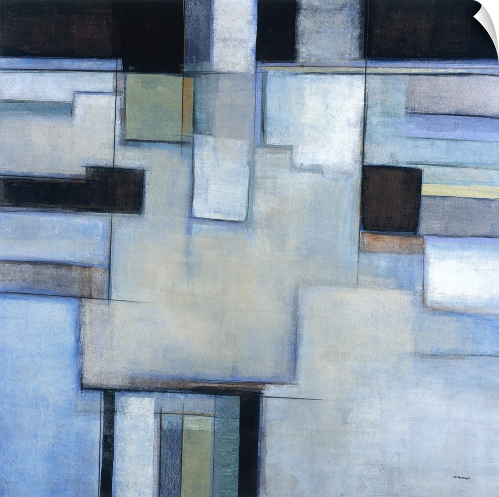 A square abstract painting with square shapes in shades of blue.