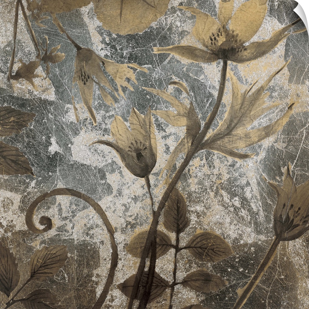 Contemporary painting of a neutral toned flowers against a weathered background.
